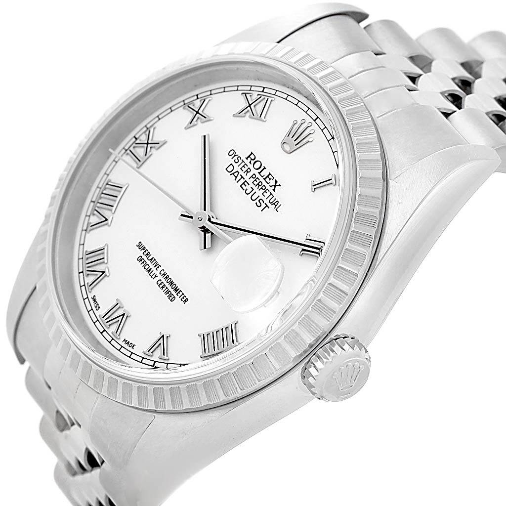The image shows a side angle of the Rolex Datejust 16220 Men
s Stainless Steel White Dial 16220 Men
s Stainless Steel White Dial watch, highlighting the dial, bezel, crown, and part of the bracelet.