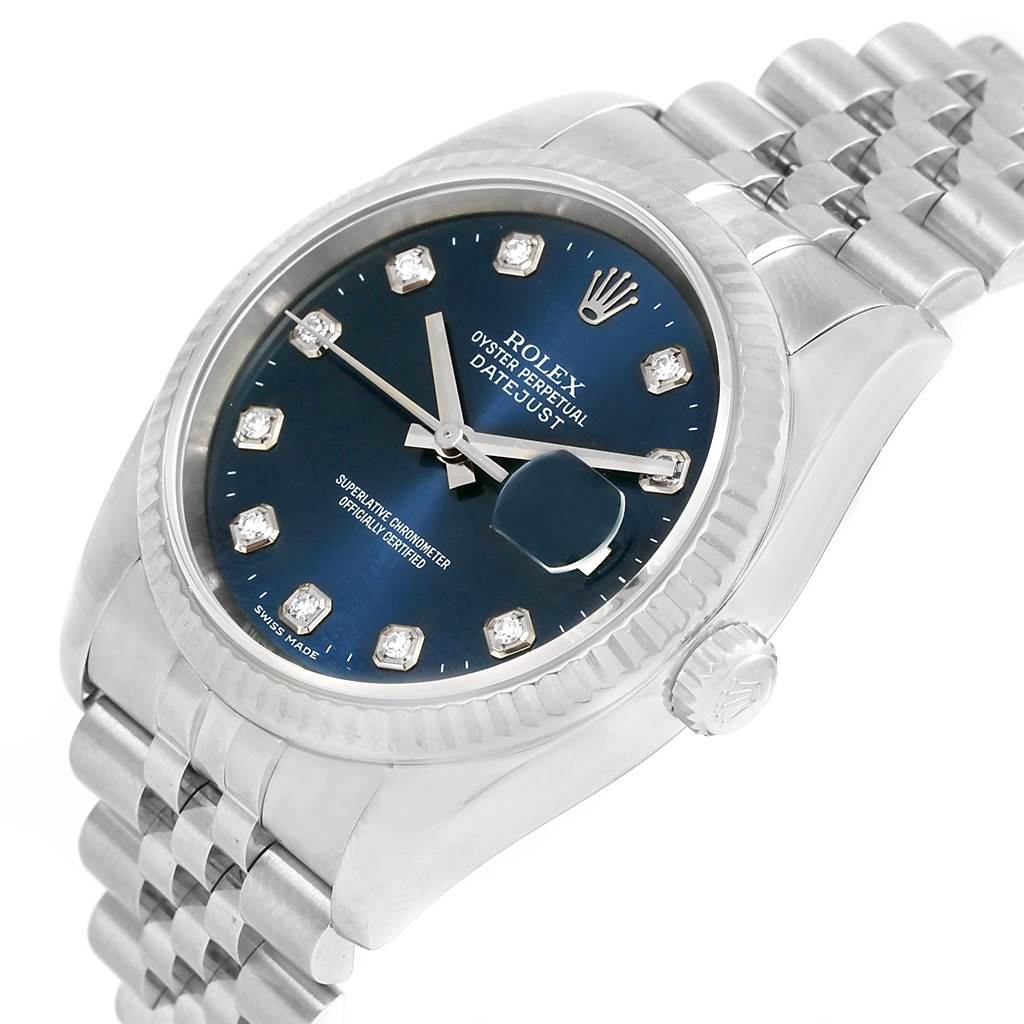 The image shows a Rolex Datejust 116234 Men's Stainless Steel Blue Dial 116234 Men's Stainless Steel Blue Dial watch at a slight angle, revealing the dial, bracelet, bezel, crown, and date magnifier.