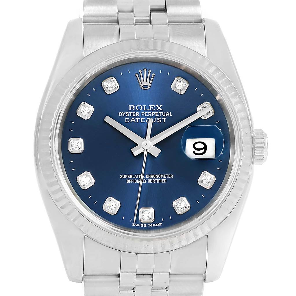 The image shows a frontal view of a Rolex Datejust 116234 Men's Stainless Steel Blue Dial 116234 Men's Stainless Steel Blue Dial watch with a blue dial, diamond hour markers, and a stainless steel bracelet.