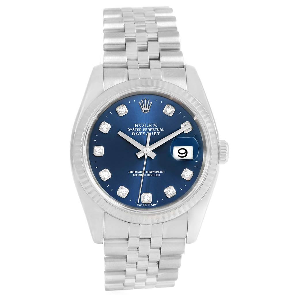 The image shows a front view of the Rolex Datejust 116234 Men's Stainless Steel Blue Dial 116234 Men's Stainless Steel Blue Dial watch, displaying its face, bezel, crown, and bracelet.