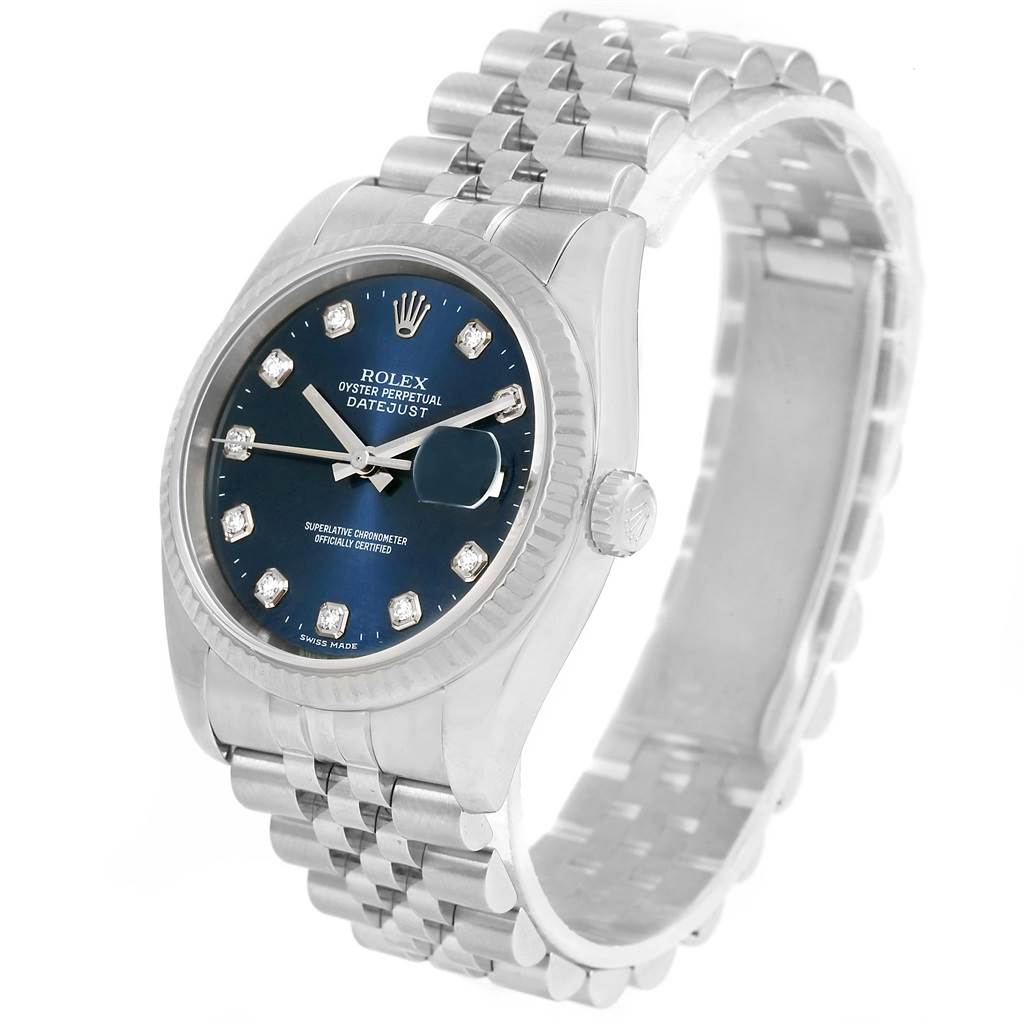 This image shows a Rolex Datejust 116234 Men's Stainless Steel Blue Dial 116234 Men's Stainless Steel Blue Dial watch from a front angle, highlighting its dial, bracelet, and fluted bezel.