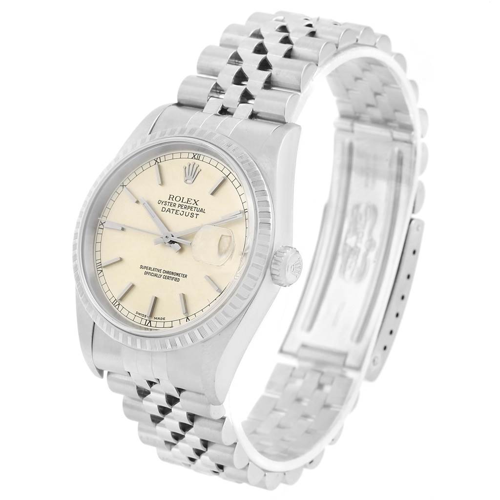 The image shows a Rolex Datejust 16220 Men
s Stainless Steel Silver Dial 16220 Men
s Stainless Steel Silver Dial watch at a three-quarter angle, highlighting the face, bezel, and Jubilee bracelet.