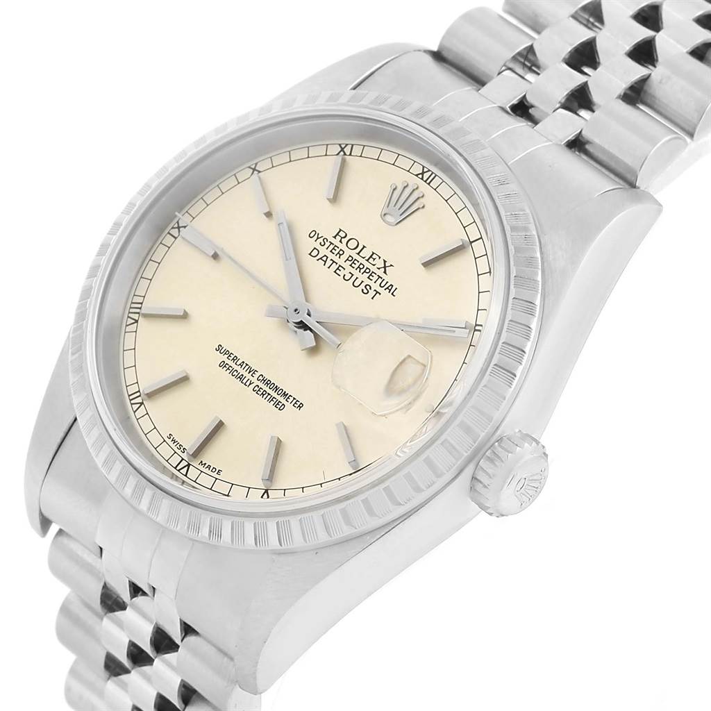 The Rolex Datejust 16220 Men
s Stainless Steel Silver Dial 16220 Men
s Stainless Steel Silver Dial watch is shown at a slight angle, displaying the dial, crown, and part of the bracelet.