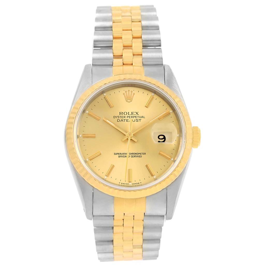 The image shows a front view of a Rolex Datejust 16233 Men's Steel and Gold (two tone) Champagne Dial 16233 Men's Steel and Gold (two tone) Champagne Dial watch, highlighting its two-tone bracelet, gold bezel, and gold dial with date display.