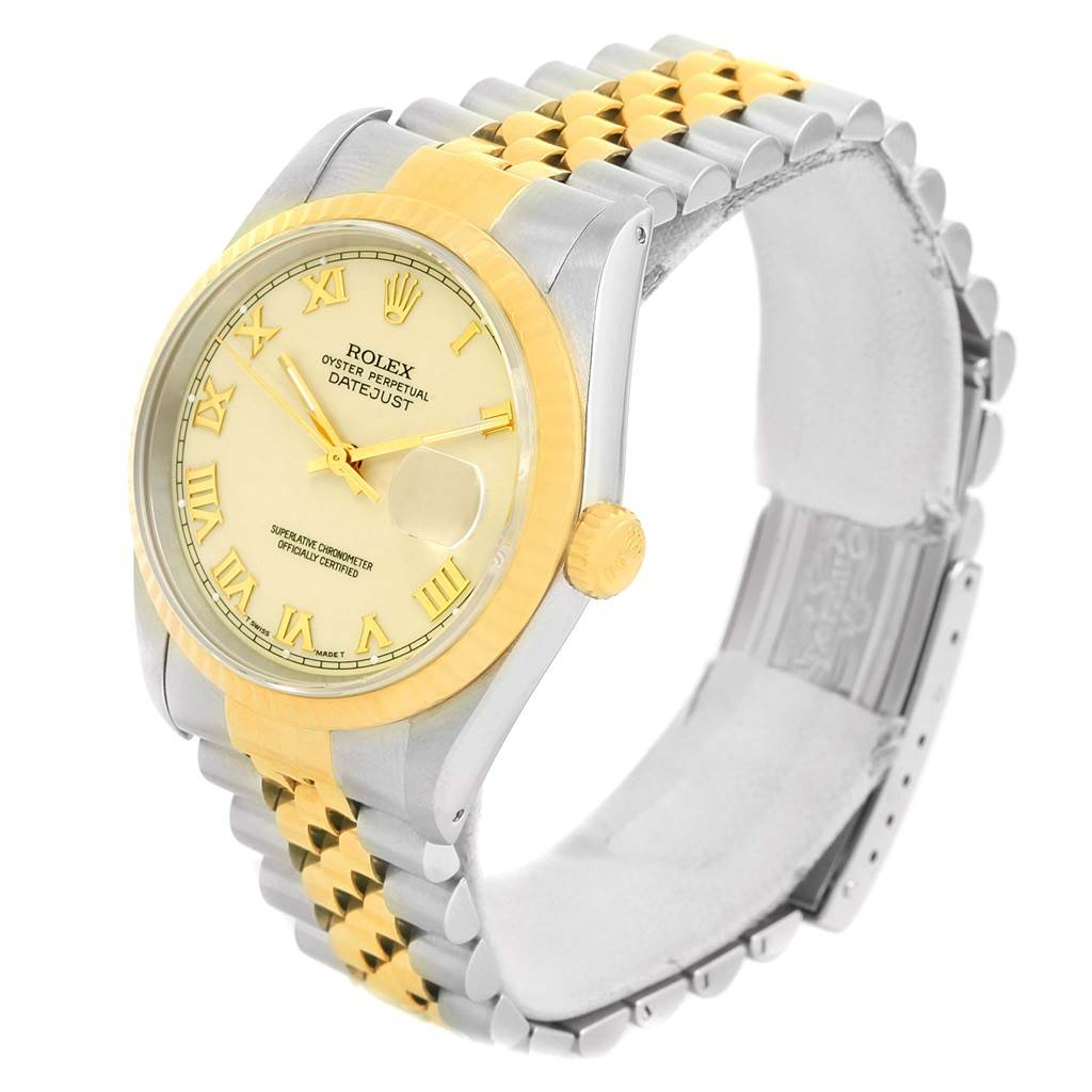 The Rolex Datejust 16233 Men's Steel and Gold (two tone) Beige Dial 16233 Men's Steel and Gold (two tone) Beige Dial watch is shown at a three-quarter angle, displaying the face, bracelet, and crown.