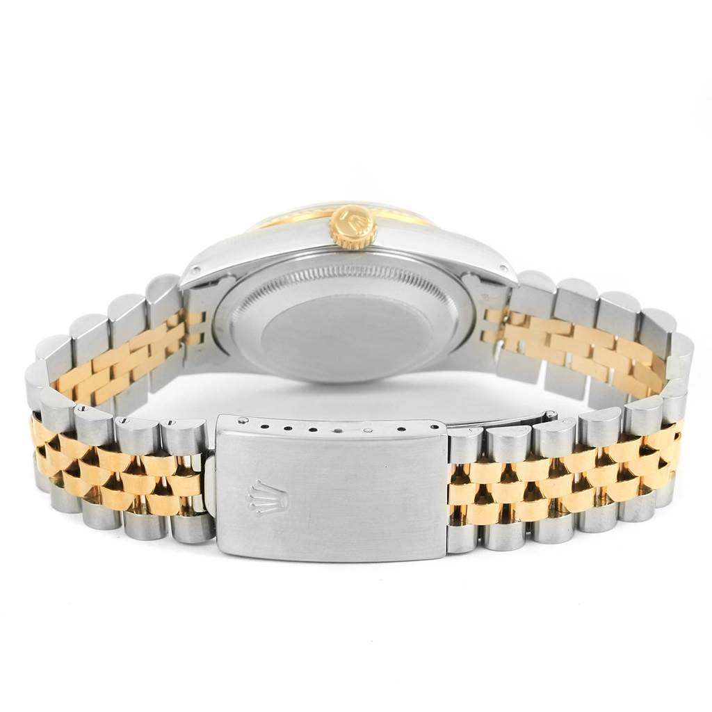 The image shows the back view of a Rolex Datejust 16233 Men's Steel and Gold (two tone) Beige Dial 16233 Men's Steel and Gold (two tone) Beige Dial watch, highlighting the case back, crown, and two-tone jubilee bracelet with clasp.