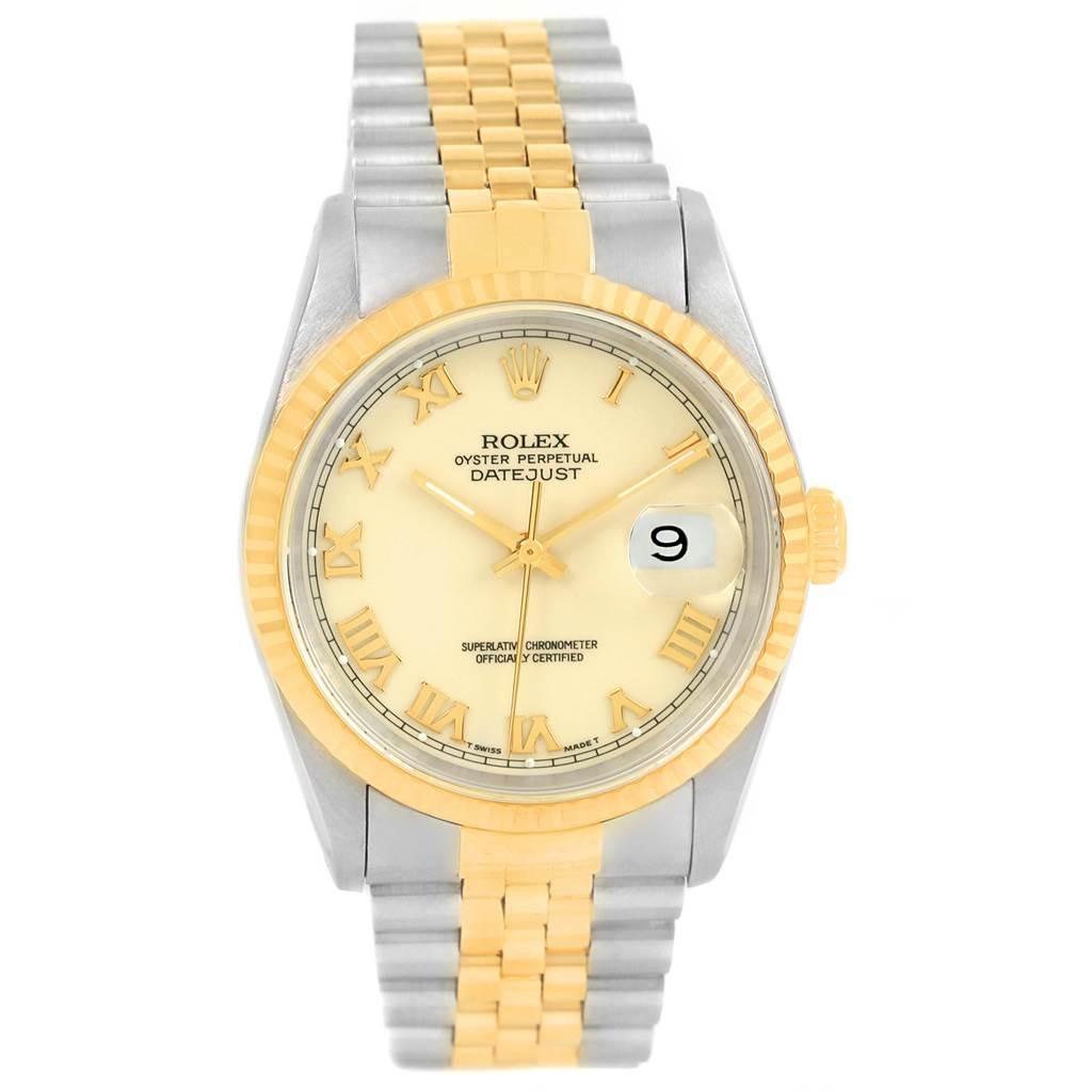 The image shows a front view of a Rolex Datejust 16233 Men's Steel and Gold (two tone) Beige Dial 16233 Men's Steel and Gold (two tone) Beige Dial watch with a two-tone bracelet, fluted bezel, and date display.
