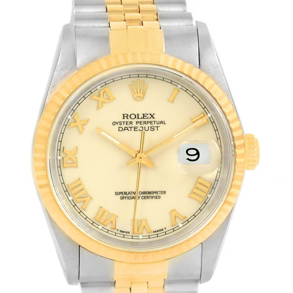 The Rolex Datejust 16233 Men's Steel and Gold (two tone) Beige Dial 16233 Men's Steel and Gold (two tone) Beige Dial watch is shown from a front angle, displaying the dial, bezel, crown, and part of the two-tone bracelet.