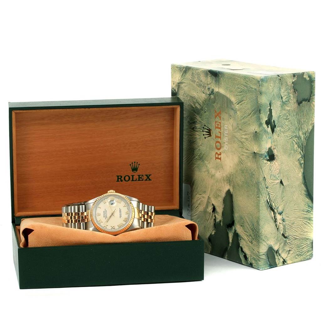 This image shows a Rolex Datejust 16233 Men's Steel and Gold (two tone) Beige Dial 16233 Men's Steel and Gold (two tone) Beige Dial watch in its open box, alongside the outer decorative box.