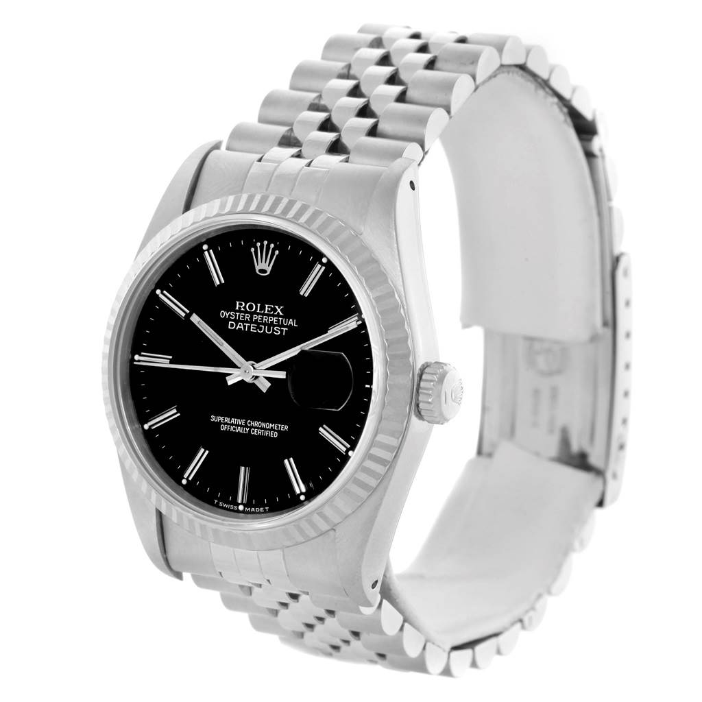 The image shows a front angle of the Rolex Datejust 16234 Men
s Stainless Steel Silver Dial 16234 Men
s Stainless Steel Silver Dial watch, featuring its black dial, fluted bezel, and Jubilee bracelet.