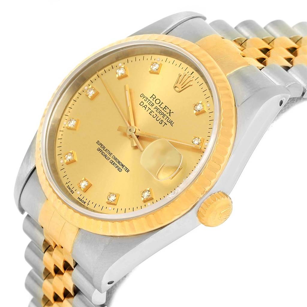 The image shows a close-up of a Rolex Datejust 16233 Men's Steel and Gold (two tone) Champagne Dial 16233 Men's Steel and Gold (two tone) Champagne Dial watch at an angle, highlighting the dial, bezel, crown, and part of the bracelet.