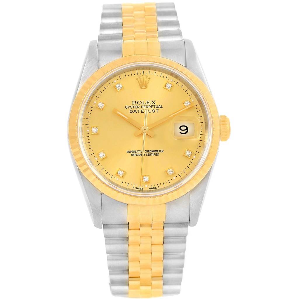 The image shows a front view of a Rolex Datejust 16233 Men's Steel and Gold (two tone) Champagne Dial 16233 Men's Steel and Gold (two tone) Champagne Dial watch, highlighting its dial, bracelet, and date window.
