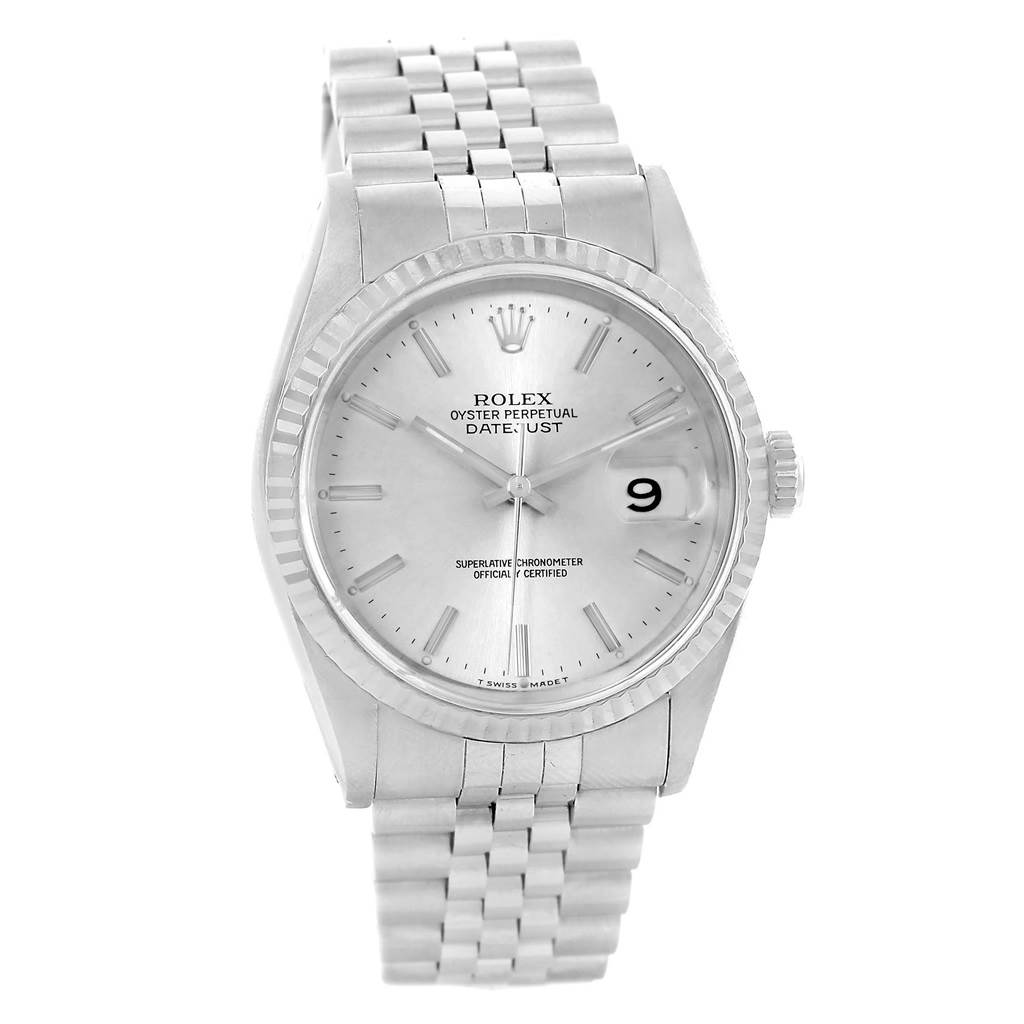 This image shows a front view of a Rolex Datejust 16234 Men
s Stainless Steel Silver Dial 16234 Men
s Stainless Steel Silver Dial watch, displaying its face, bezel, and bracelet.