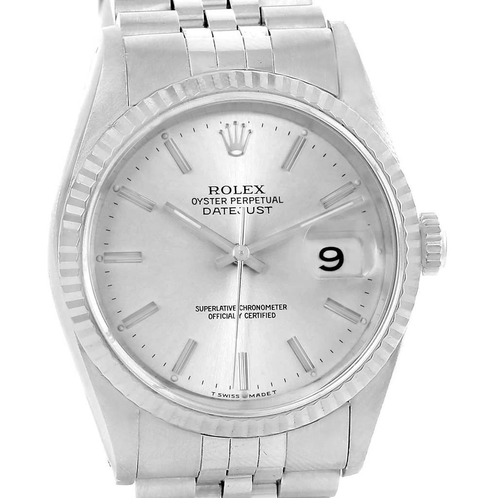 This is a head-on view of the Rolex Datejust 16234 Men
s Stainless Steel Silver Dial 16234 Men
s Stainless Steel Silver Dial, showing the dial, bezel, and a portion of the bracelet.