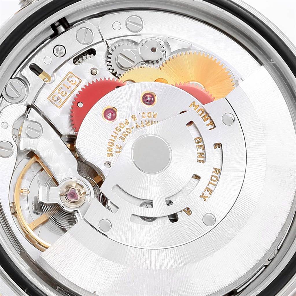 This image shows the inner mechanical movement of a Rolex Datejust 16233 Men's Steel and Gold (two tone) Champagne Dial 16233 Men's Steel and Gold (two tone) Champagne Dial watch viewed from the back.