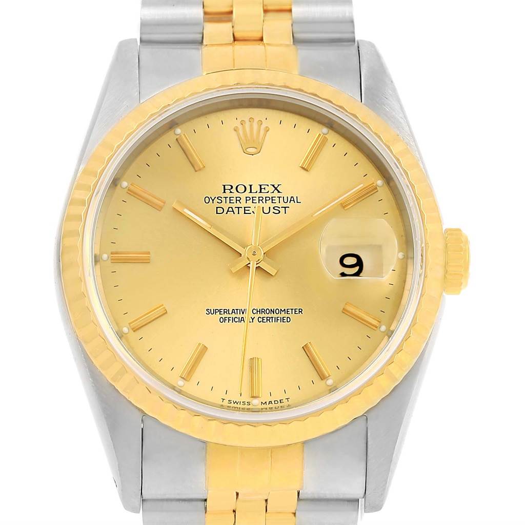 This image shows a front view of a Rolex Datejust 16233 Men's Steel and Gold (two tone) Champagne Dial 16233 Men's Steel and Gold (two tone) Champagne Dial watch, highlighting the face, hands, bezel, and part of the bracelet.