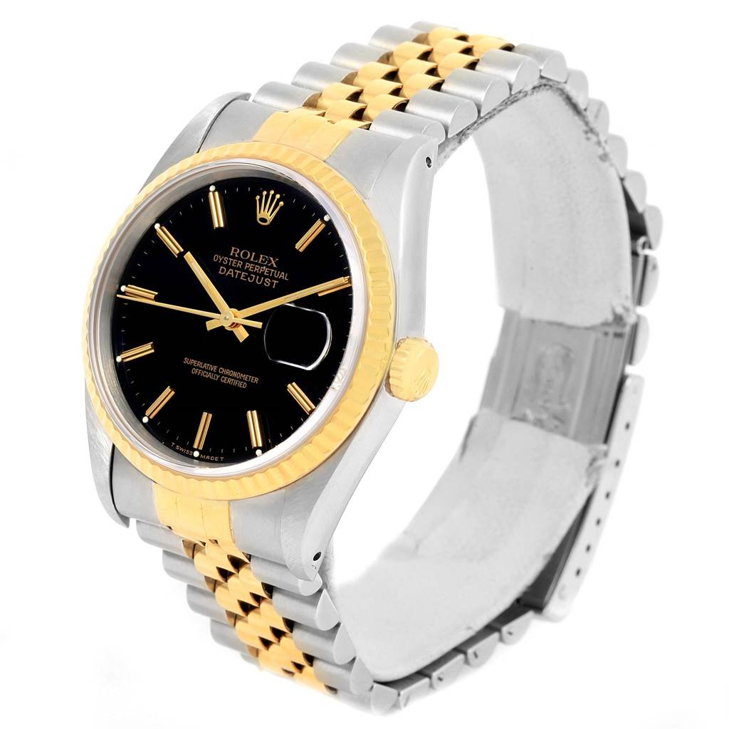 This image shows the Rolex Datejust 16233 Men
s Steel and Gold (two tone) Black Dial 16233 Men
s Steel and Gold (two tone) Black Dial watch at a slight angle, highlighting the black dial, two-tone jubilee bracelet, and fluted bezel.