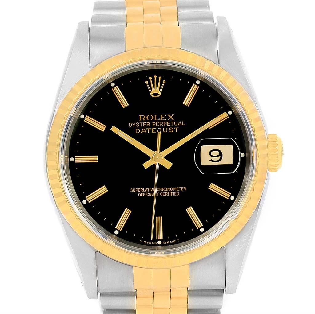The image shows a front view of a Rolex Datejust 16233 Men
s Steel and Gold (two tone) Black Dial 16233 Men
s Steel and Gold (two tone) Black Dial watch, featuring a black dial, gold accents, and a two-tone metal bracelet.
