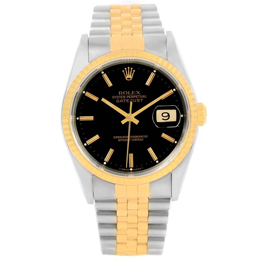 This image shows a front view of the Rolex Datejust 16233 Men
s Steel and Gold (two tone) Black Dial 16233 Men
s Steel and Gold (two tone) Black Dial watch, highlighting its black dial, two-tone bracelet, and date display.