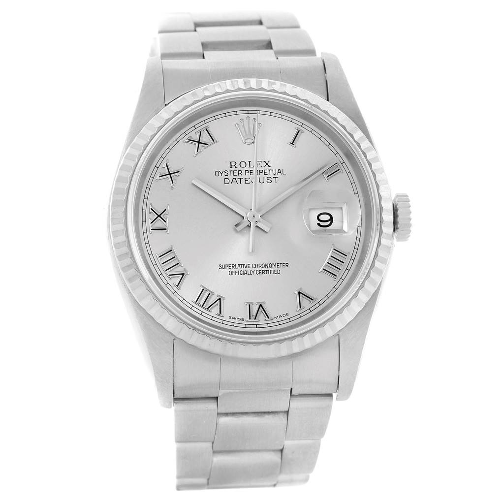 The Rolex Datejust 16234 Men's Stainless Steel Silver Dial 16234 Men's Stainless Steel Silver Dial watch is shown from a front angle, displaying the dial, bezel, bracelet, and crown.