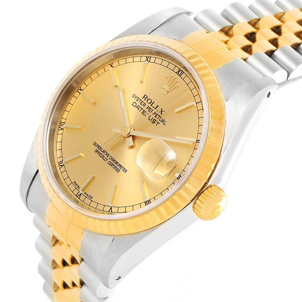 The image shows an angled view of a Rolex Datejust 16233 Men's Steel and Gold (two tone) Champagne Dial 16233 Men's Steel and Gold (two tone) Champagne Dial watch, highlighting the face, crown, and Jubilee bracelet.