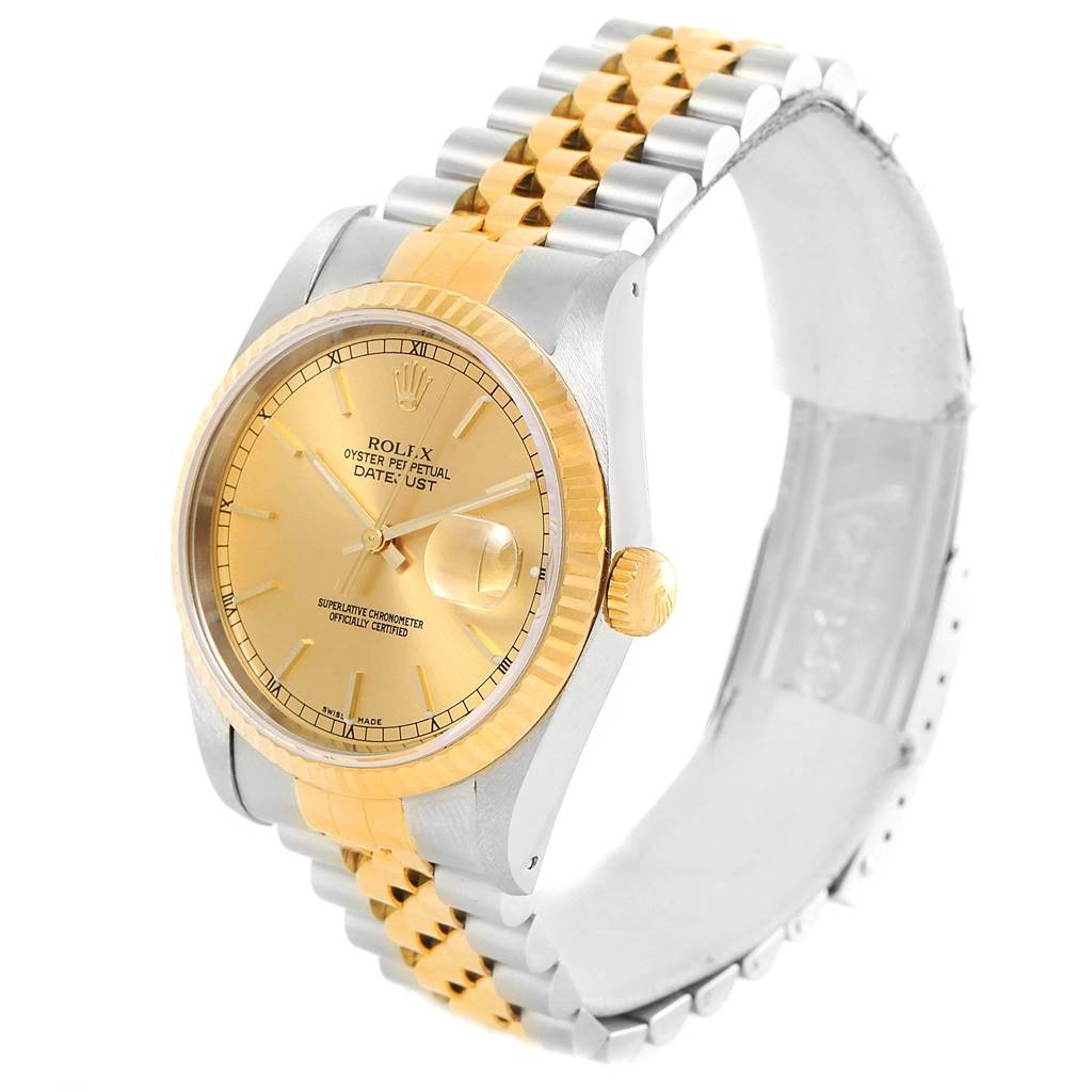 The image shows a Rolex Datejust 16233 Men's Steel and Gold (two tone) Champagne Dial 16233 Men's Steel and Gold (two tone) Champagne Dial watch from a front-side angle, including the bezel, dial, crown, and two-tone jubilee bracelet.