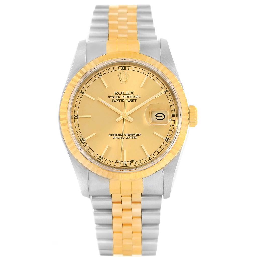 This image shows the front view of a Rolex Datejust 16233 Men's Steel and Gold (two tone) Champagne Dial 16233 Men's Steel and Gold (two tone) Champagne Dial watch, highlighting the dial, bezel, crown, and bracelet.