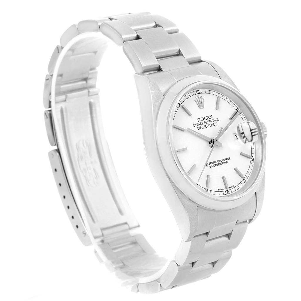 The Rolex Datejust 16200 Men
s Stainless Steel White Dial 16200 Men
s Stainless Steel White Dial watch is shown at a slight angle, displaying its face, bezel, and metal bracelet.