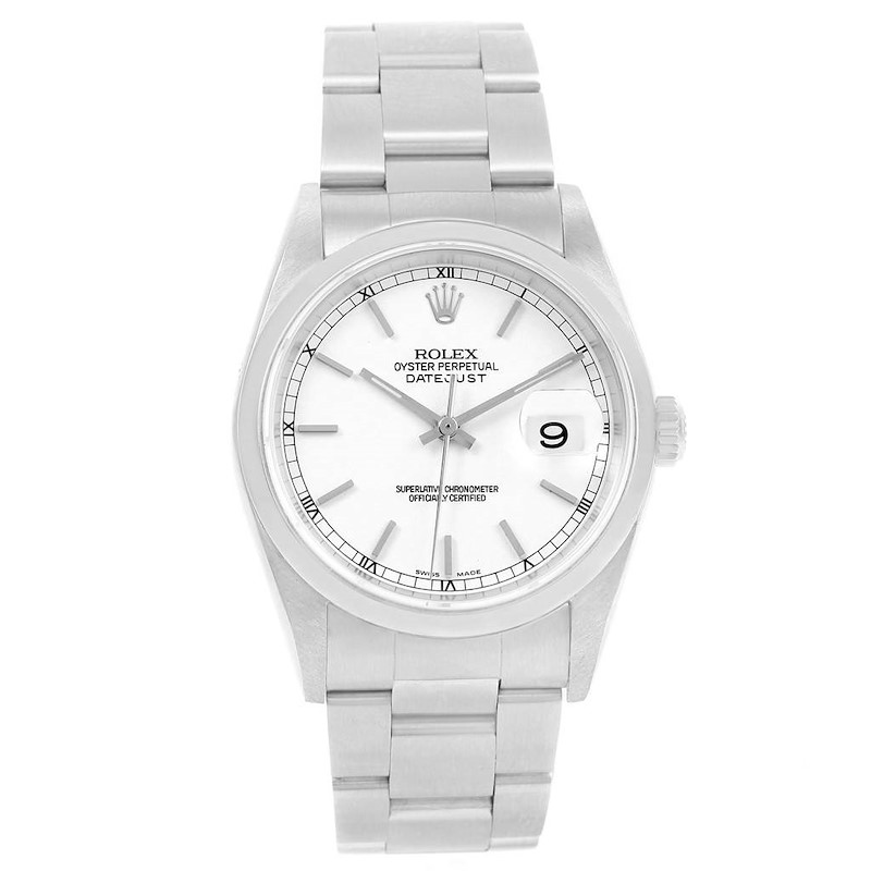 Rolex Datejust Steel White Baton Dial Oyster Bracelet Mens Watch 16200 SwissWatchExpo
