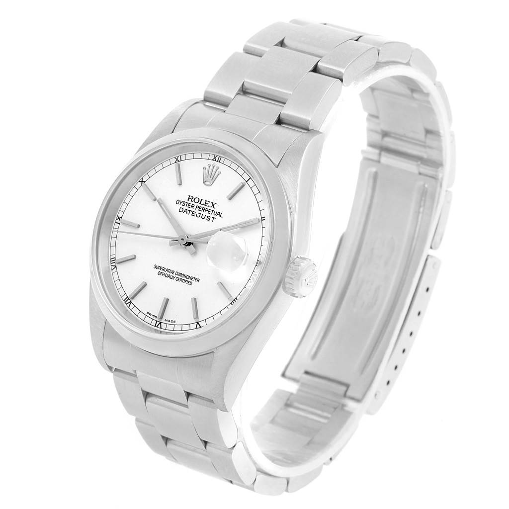 The Rolex Datejust 16200 Men
s Stainless Steel White Dial 16200 Men
s Stainless Steel White Dial watch is shown at a 45-degree angle, highlighting its face, bezel, crown, and bracelet.