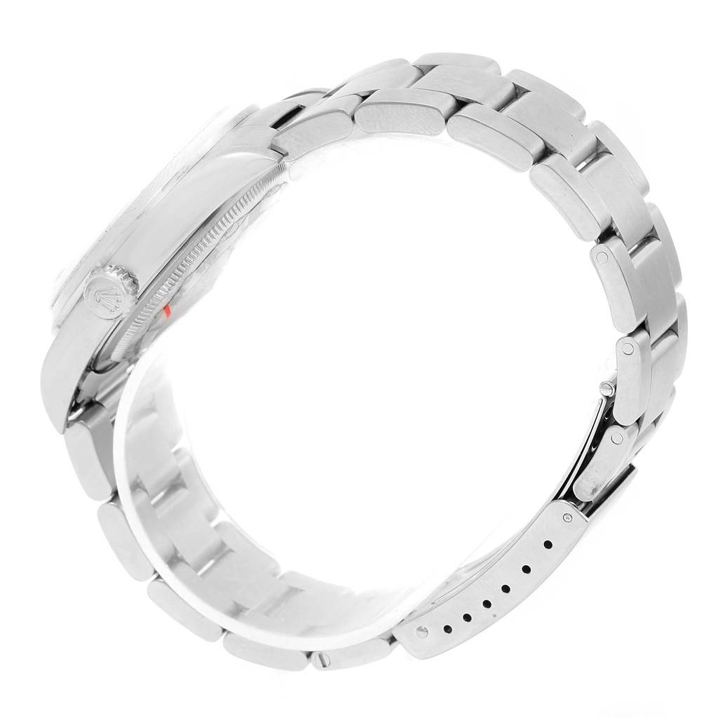 This is a side view of the Rolex Datejust 16200 Men
s Stainless Steel White Dial 16200 Men
s Stainless Steel White Dial watch showing its bracelet and clasp.