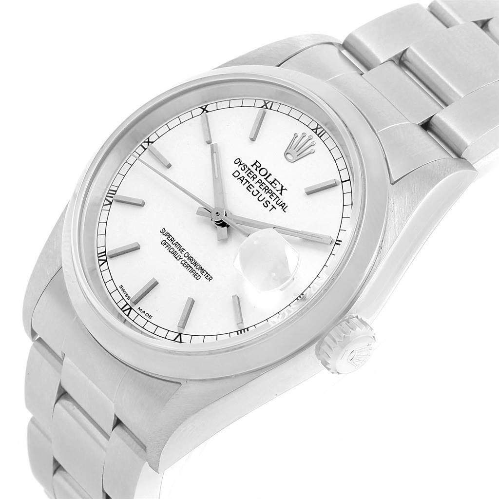 The image shows a Rolex Datejust 16200 Men
s Stainless Steel White Dial 16200 Men
s Stainless Steel White Dial watch from a top-left angle, highlighting the dial, crown, and bracelet.