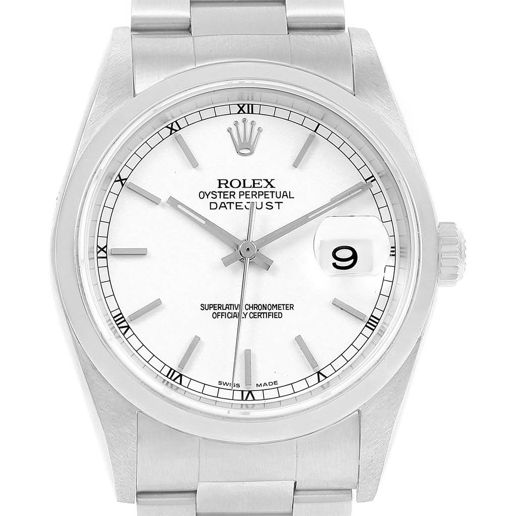The image shows a front view of the Rolex Datejust 16200 Men
s Stainless Steel White Dial 16200 Men
s Stainless Steel White Dial watch, highlighting its dial, hands, bezel, and bracelet.