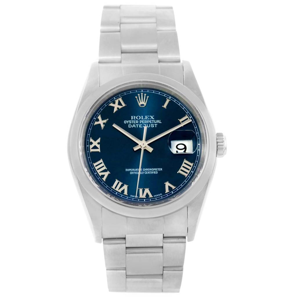 This image shows a front view of the Rolex Datejust 16200 Men's Stainless Steel Blue Dial 16200 Men's Stainless Steel Blue Dial watch, displaying the dial, bracelet, and date window.