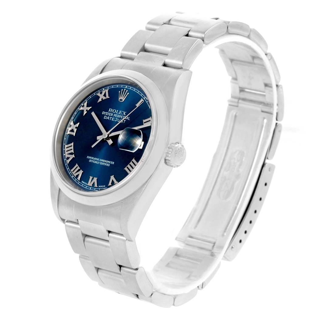 The Rolex Datejust 16200 Men's Stainless Steel Blue Dial 16200 Men's Stainless Steel Blue Dial watch is shown at a three-quarter angle, displaying the bracelet, case, crown, dial, and clasp.