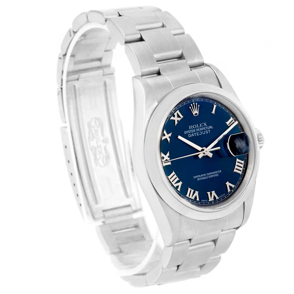 The Rolex Datejust 16200 Men's Stainless Steel Blue Dial 16200 Men's Stainless Steel Blue Dial watch is shown at a three-quarter angle, displaying its blue dial, Roman numerals, and stainless steel bracelet.