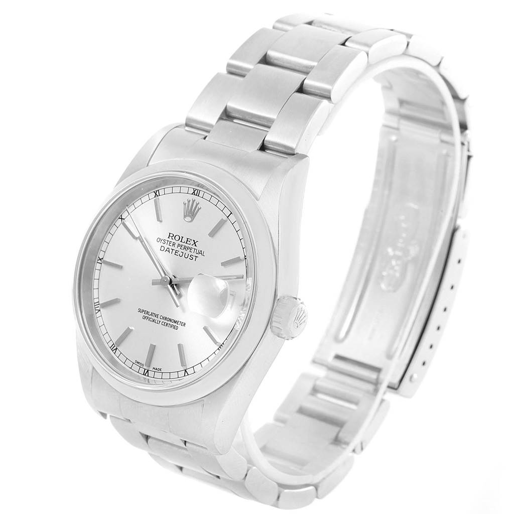 This image shows a Rolex Datejust 16200 Men's Stainless Steel Silver Dial 16200 Men's Stainless Steel Silver Dial watch from a three-quarter front angle, featuring its dial, crown, and partially open bracelet.