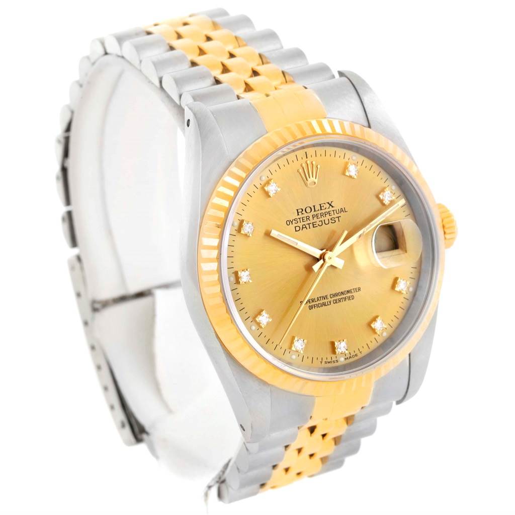 The Rolex Datejust 16233 Men's Steel and Gold (two tone) Champagne Dial 16233 Men's Steel and Gold (two tone) Champagne Dial watch is shown at a three-quarter angle displaying its two-tone bracelet, champagne dial, and diamond hour markers.