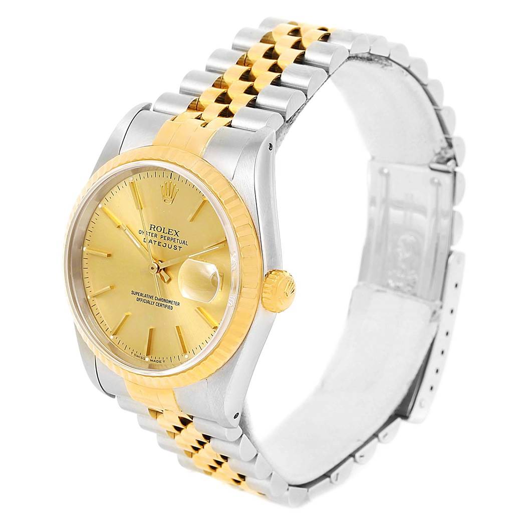 The Rolex Datejust 16233 Men's Steel and Gold (two tone) Champagne Dial 16233 Men's Steel and Gold (two tone) Champagne Dial watch is shown at a three-quarter angle, displaying the face, bezel, crown, and Jubilee bracelet.