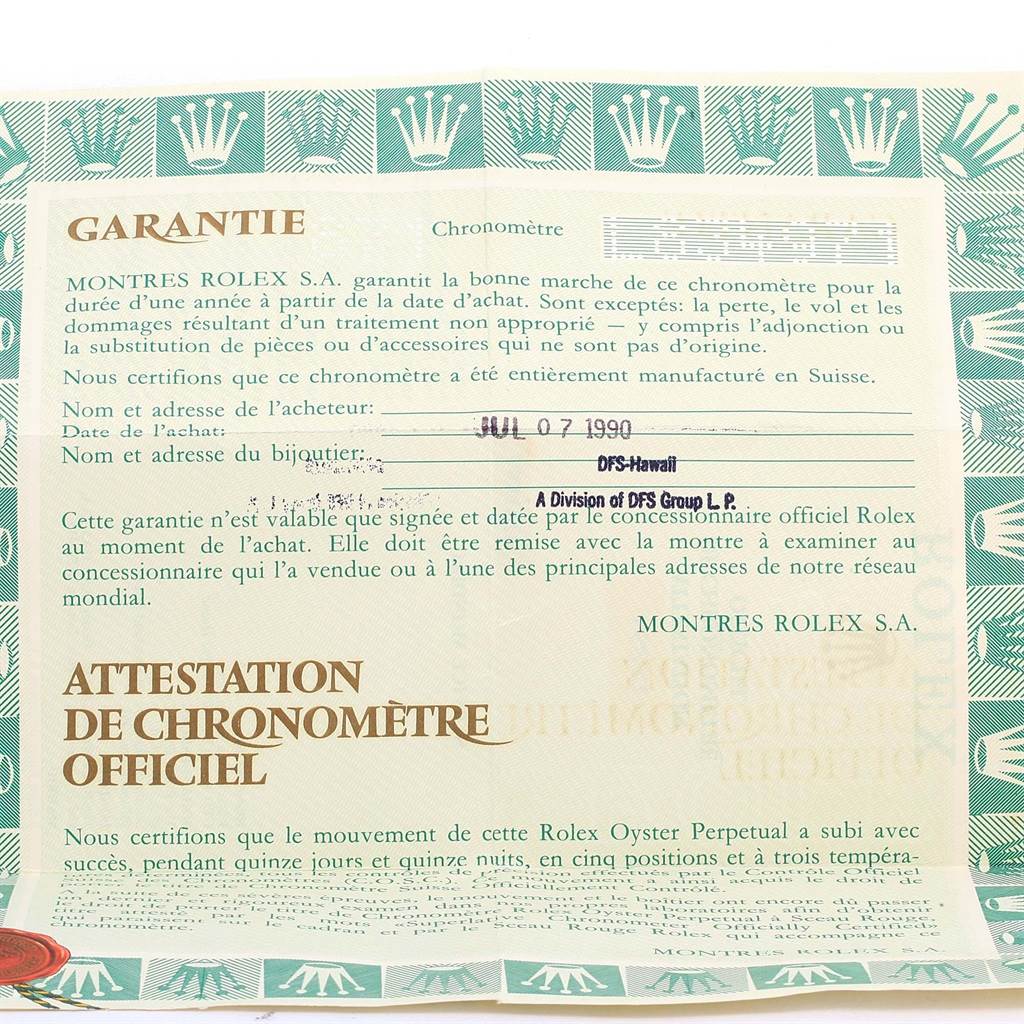 This image shows the guarantee and chronometer certification paperwork for a Rolex Datejust 16233 Men's Steel and Gold (two tone) Champagne Dial 16233 Men's Steel and Gold (two tone) Champagne Dial model watch.