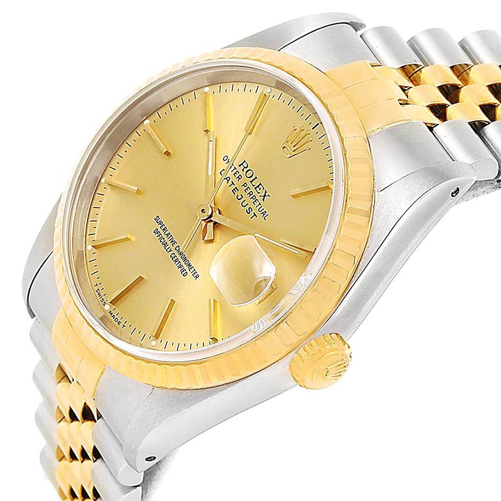 This image shows a close-up side angle of the Rolex Datejust 16233 Men's Steel and Gold (two tone) Champagne Dial 16233 Men's Steel and Gold (two tone) Champagne Dial, highlighting the dial, bezel, crown, and bracelet.