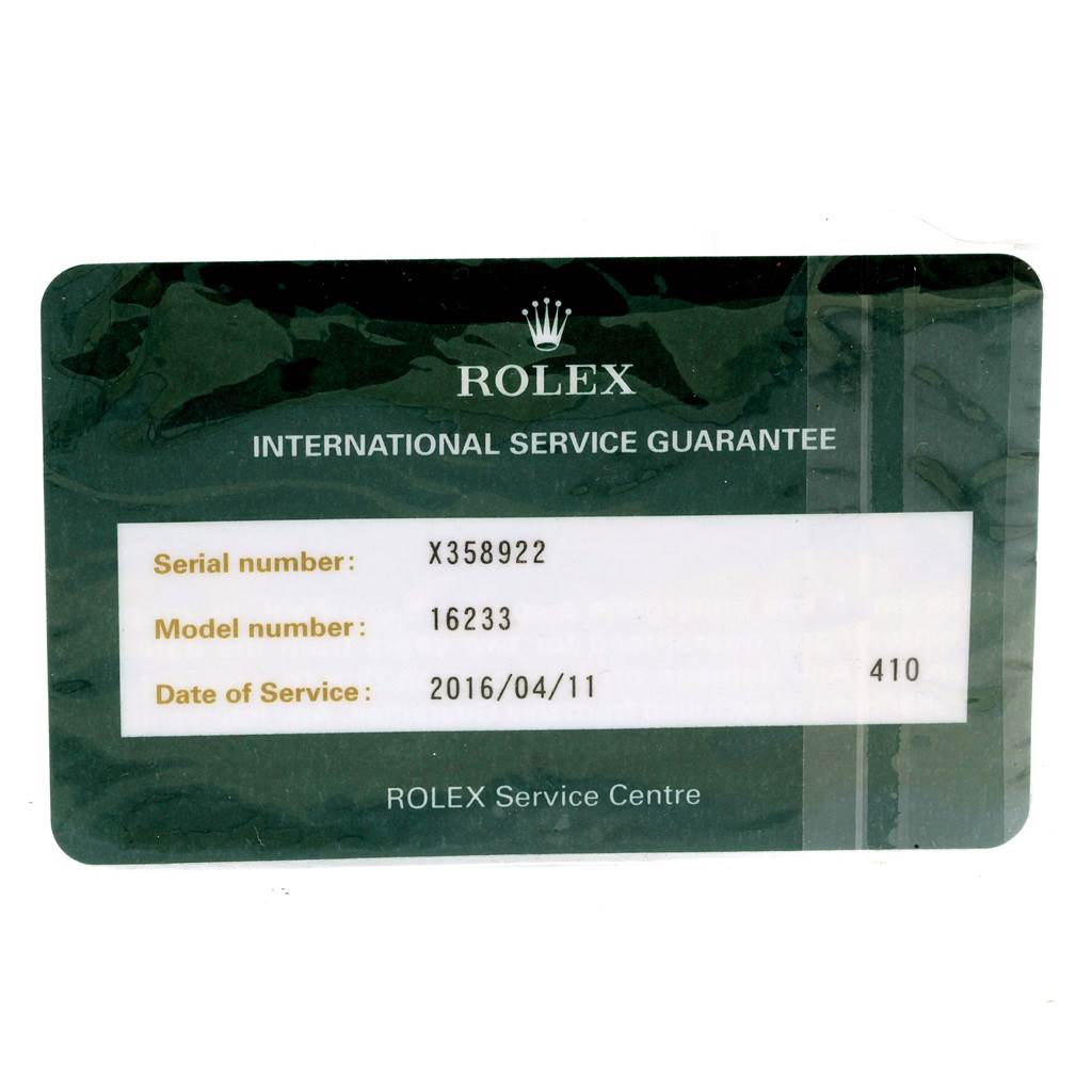 This image shows the International Service Guarantee card for a Rolex Datejust 16233 Men's Steel and Gold (two tone) Black Dial 16233 Men's Steel and Gold (two tone) Black Dial model 16233.