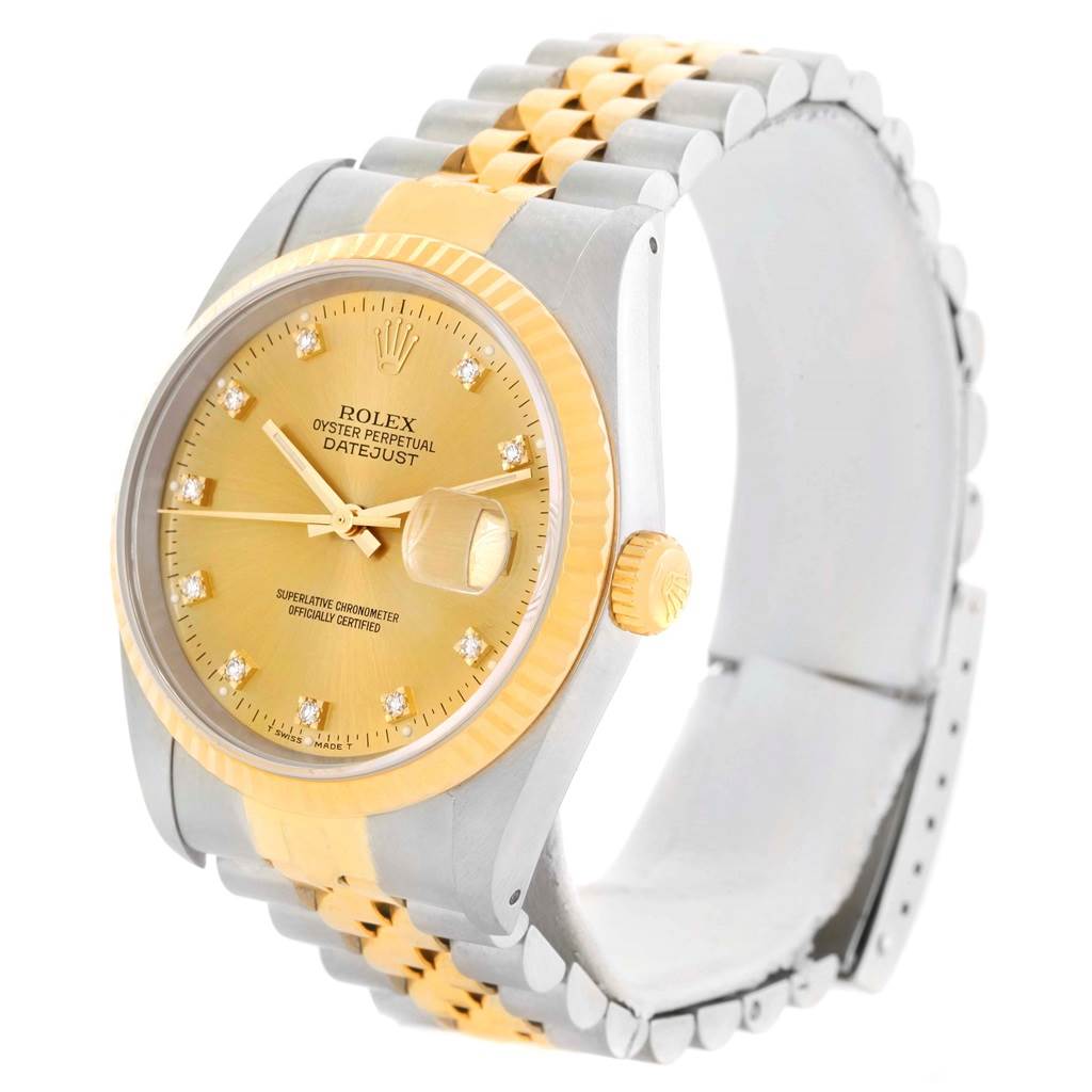 The image shows a front angle of a Rolex Datejust 16233 Men's Steel and Gold (two tone) Champagne Dial 16233 Men's Steel and Gold (two tone) Champagne Dial watch, highlighting its gold bezel, dial, and two-tone bracelet.