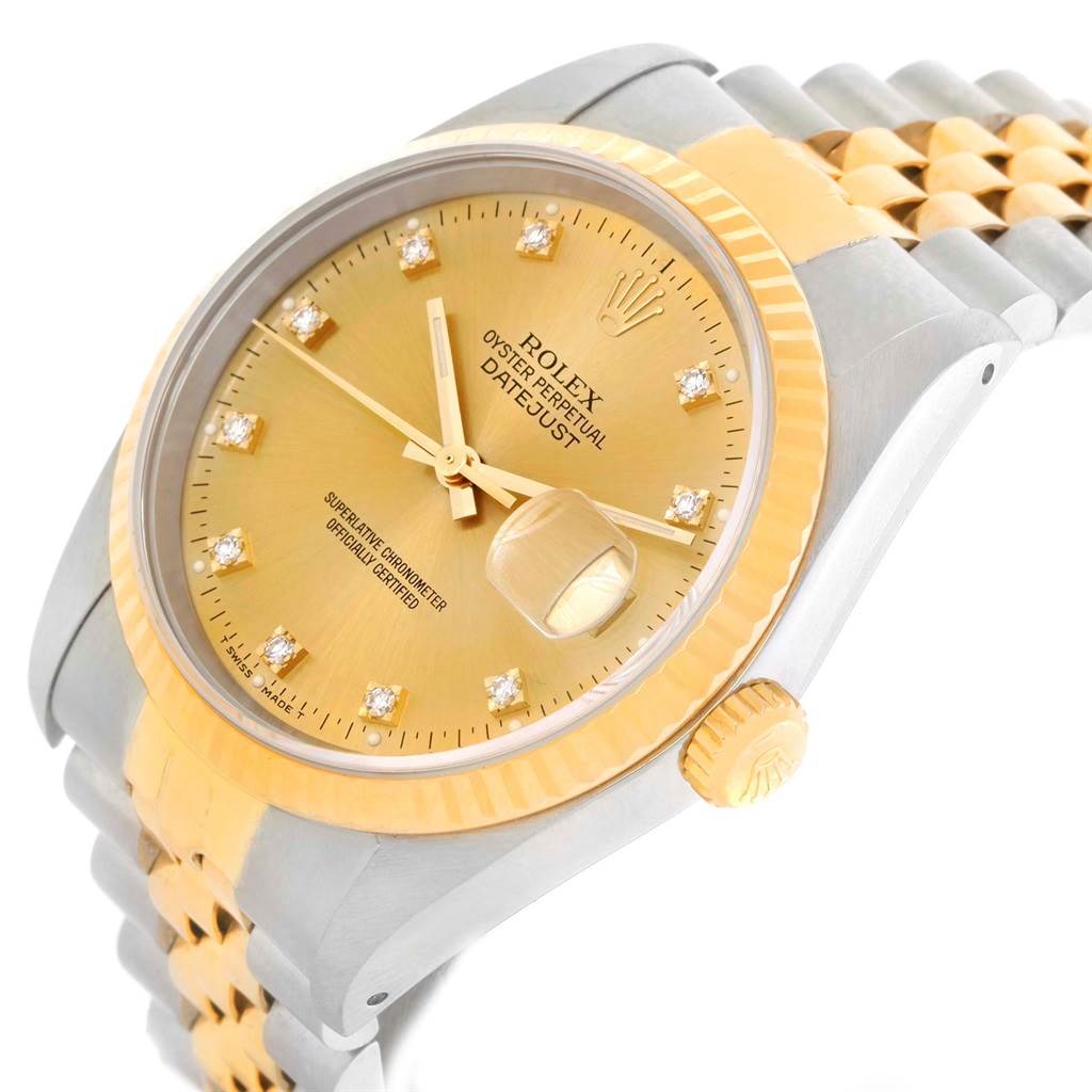 This image shows a side angle view of a Rolex Datejust 16233 Men's Steel and Gold (two tone) Champagne Dial 16233 Men's Steel and Gold (two tone) Champagne Dial watch, highlighting the face, crown, and part of the bracelet.
