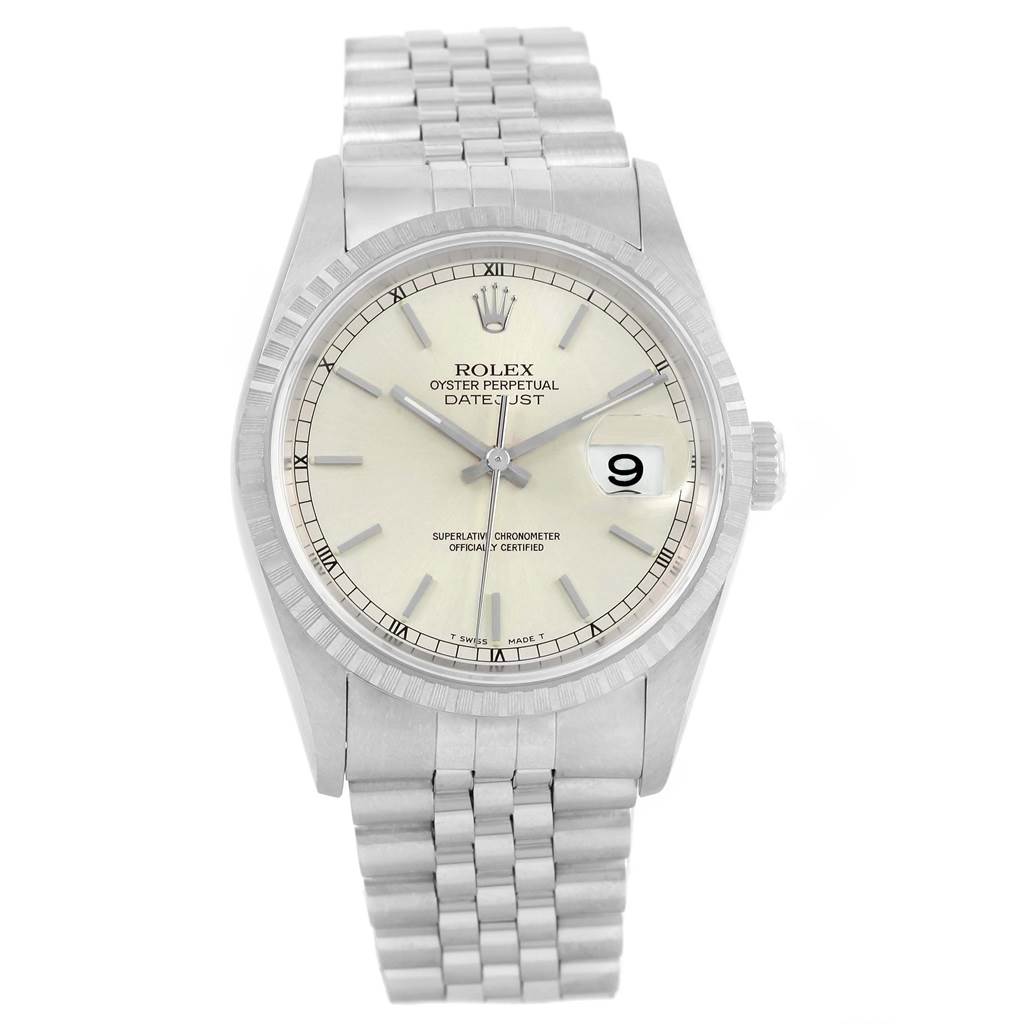 The image shows a front view of a Rolex Datejust 16220 Men's Stainless Steel Silver Dial 16220 Men's Stainless Steel Silver Dial watch, displaying the dial, bracelet, and date magnifier.