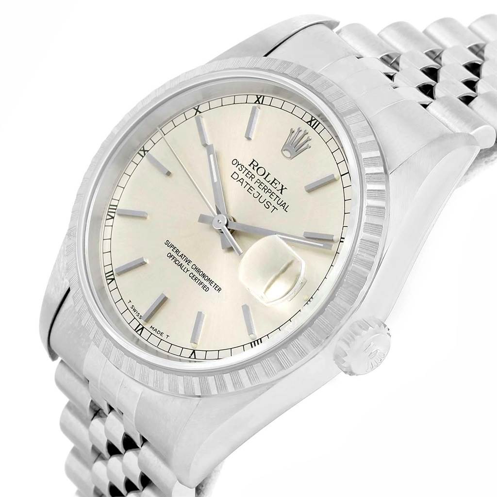 This is a side-angle view of a Rolex Datejust 16220 Men's Stainless Steel Silver Dial 16220 Men's Stainless Steel Silver Dial watch, showcasing the dial, bezel, crown, and jubilee bracelet.