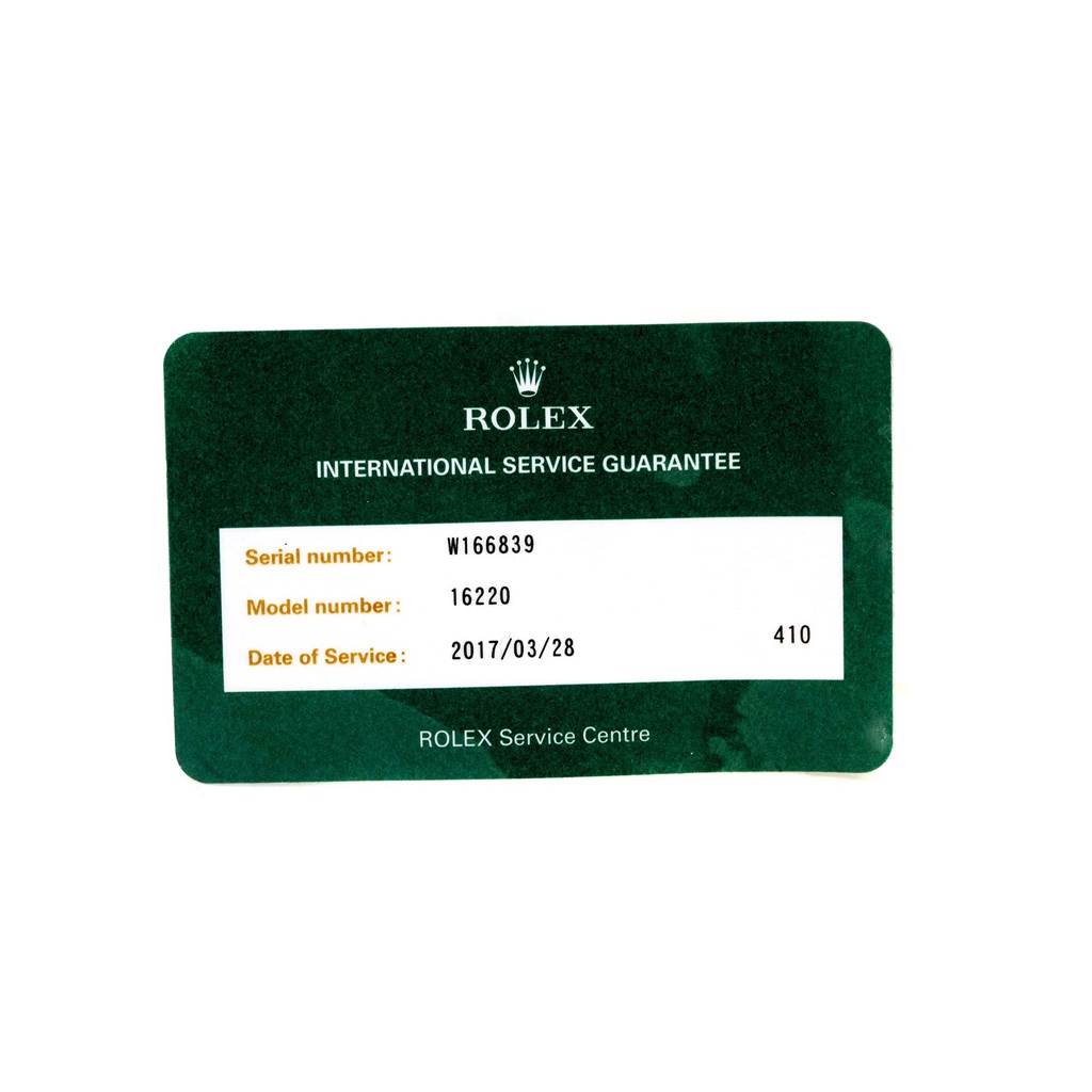 This image shows the front side of a Rolex International Service Guarantee card for a Rolex Datejust 16220 Men's Stainless Steel Silver Dial 16220 Men's Stainless Steel Silver Dial model 16220.