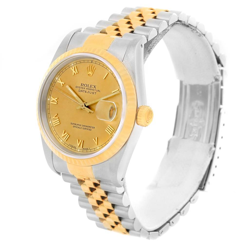 The image shows a Rolex Datejust 16233 Men's Steel and Gold (two tone) Champagne Dial 16233 Men's Steel and Gold (two tone) Champagne Dial watch at a three-quarter angle, highlighting its two-tone bracelet, yellow gold bezel, and champagne dial.