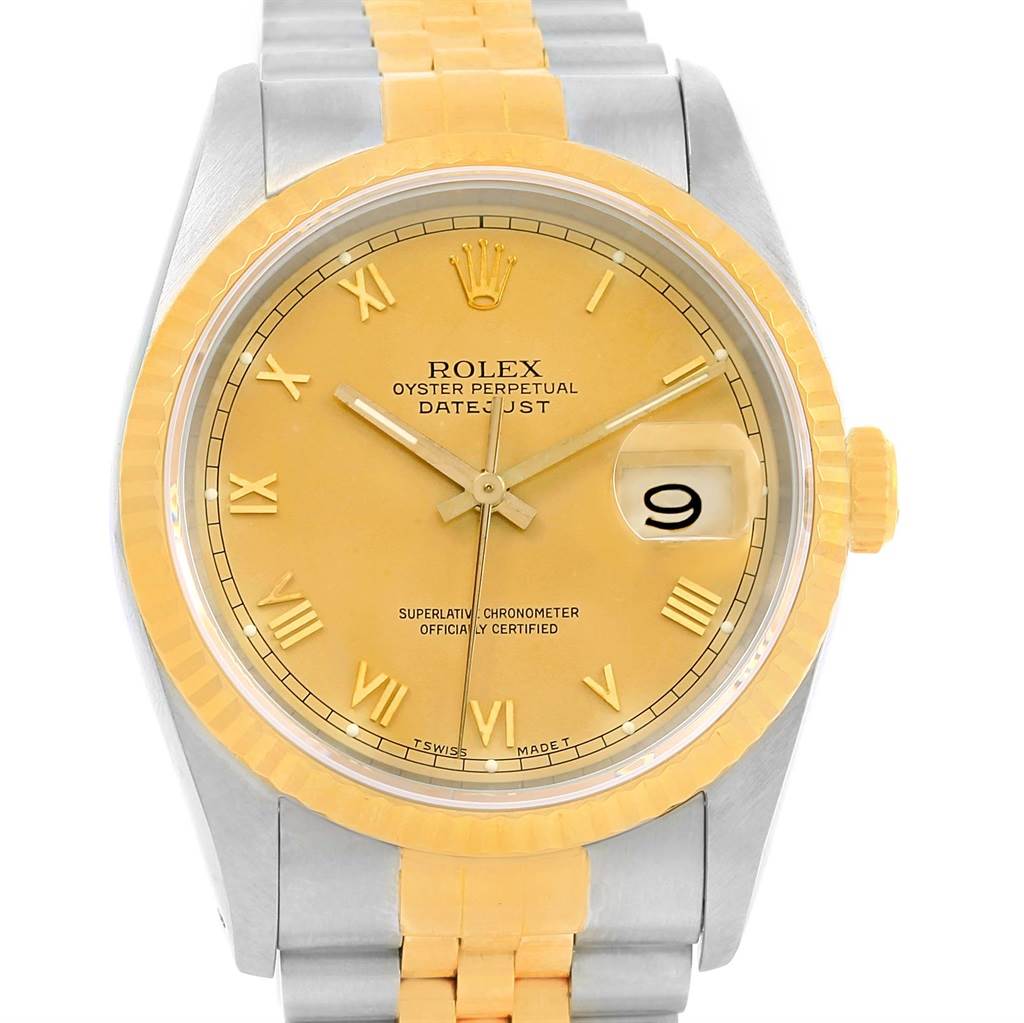The image shows a Rolex Datejust 16233 Men's Steel and Gold (two tone) Champagne Dial 16233 Men's Steel and Gold (two tone) Champagne Dial watch from a front angle, highlighting its dial, bezel, and bracelet.