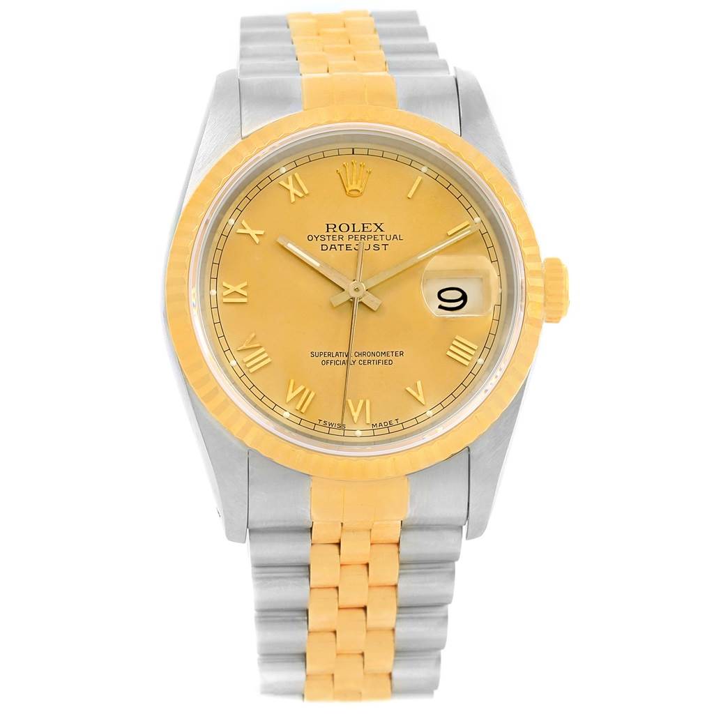 This Rolex Datejust 16233 Men's Steel and Gold (two tone) Champagne Dial 16233 Men's Steel and Gold (two tone) Champagne Dial watch is shown from a front angle, displaying its dial, bezel, and two-tone bracelet.